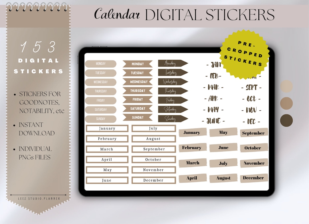 Brown Calendar Digital Stickers: Goodnotes Pre-cropped PNG (digital ...