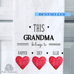 This Grandma Belongs To Kitchen Towel, Grandkid Name Dish Towel, Grandma Tea Towel, Cute Kitchen Towels, Grandma Gift, Grandmother Gift