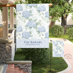 Garden Flag Blue Hydrangea Personalized, Floral Summer House Flag, Custom Family Name Outdoor Decor, Garden Party Porch Flag