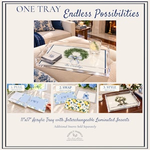 May include: An 11-inch by 17-inch clear acrylic tray featuring interchangeable laminated inserts. The design includes a main image of a wreath-themed insert, with smaller panels demonstrating the pull, swap, and style process.