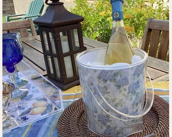 Ice Bucket with Tongs – Blue Hydrangea Floral | Acrylic Ice Bucket, Bar Cart Decor, Wedding Gift, Outdoor Entertaining
