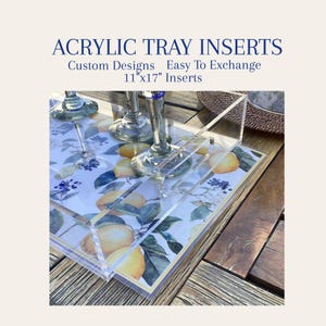May include: Clear acrylic tray inserts with a lemon and floral design. The inserts are 11" x 17" and feature custom designs. The text on the image reads "Acrylic Tray Inserts, Custom Designs, Easy To Exchange, 11"x17" Inserts."