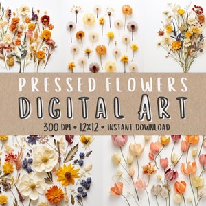 Puede incluir: Una impresión de arte digital con flores prensadas en varios colores y formas, incluyendo amarillo, naranja, rosa y blanco. La impresión se titula "Flores prensadas Arte digital" e incluye los detalles "300 DPI, 12x12, Descarga instantánea".