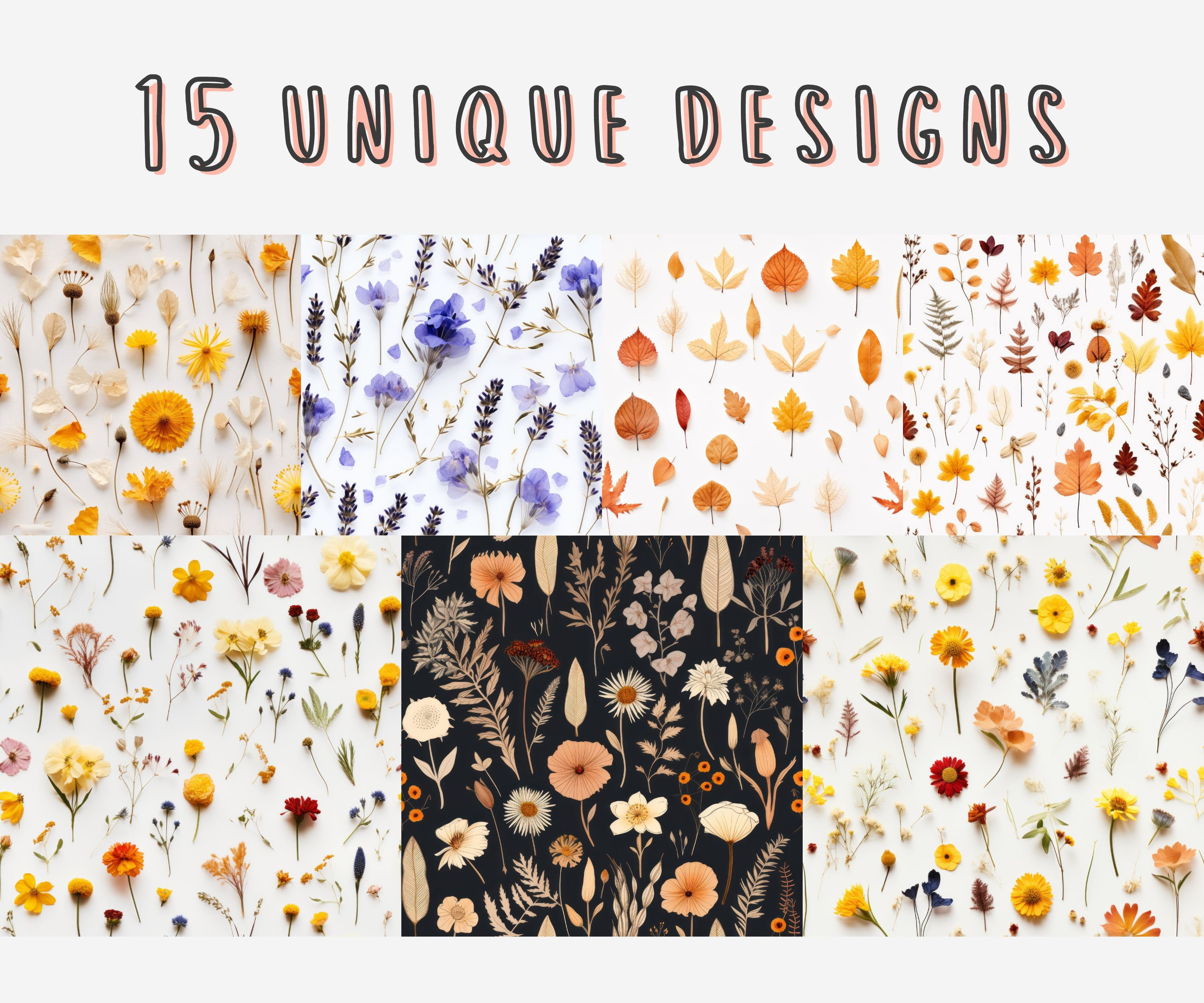 Pressed Flowers Digital Paper Pack, Dried Flowers Seamless Pattern ...