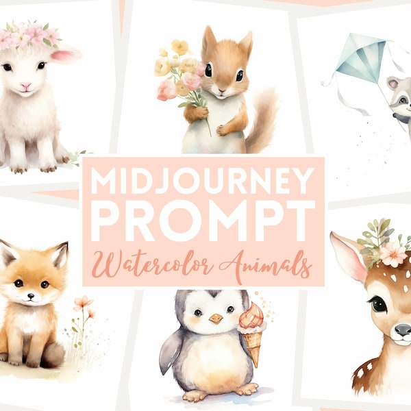 Midjourney Prompt for Cute Watercolor Nursery Animals, PDF collection of AI Prompts for PNG Designs for Print on Demand, Easy Prompt Guide