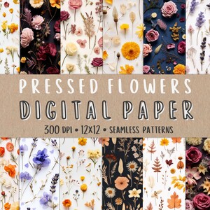 Pacchetto di carta digitale di fiori pressati, motivo senza giunture di fiori secchi, disegno floreale, POD per album, download istantaneo, set di sfondo stampabile