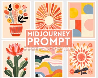 Midjourney Prompts for Boho Art Prints Posters, PDF collection of AI Prompts for Bohemian Designs for Print on Demand, Easy Prompt Guide