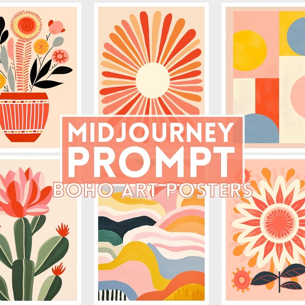 Midjourney Prompts for Boho Art Prints Posters, PDF collection of AI Prompts for Bohemian Designs for Print on Demand, Easy Prompt Guide