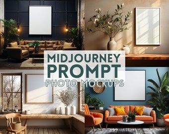 Prompt di metà viaggio per mockup di decorazioni da parete incorniciate, raccolta PDF di prompt AI mockup di foto e poster, guida semplice ai prompt, cornici vuote