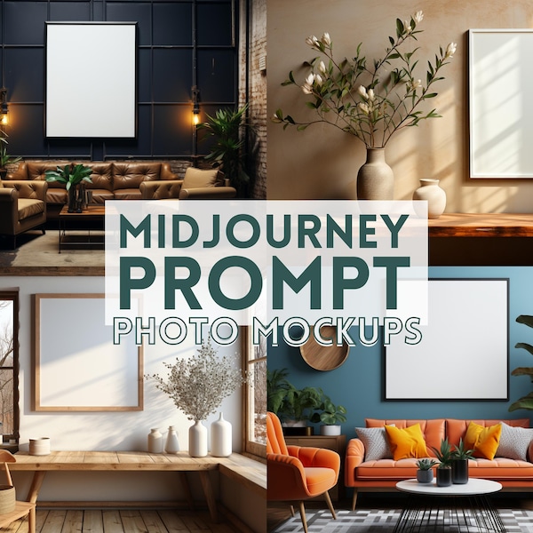 Midjourney Prompt for Framed Wall Art Mockups, PDF collection of AI Prompts Photo & Poster Mockups, Easy Prompt Guide, Blank Picture Frames