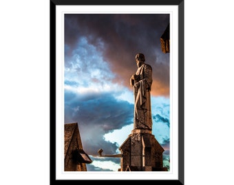 Tibidabo Architecture, Statue, Sunset, Barcelona, Spain, Photography Wall Art, Home Decor