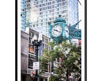 Chicago, Streets,  Clock, Skyscraper, Buildings, Ilinois, City, Black And White, Photography, Wall Art, Home Decor, Fine Art, Travel Photo