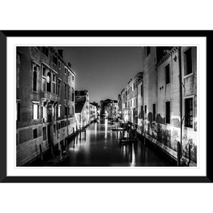 Black and White Venice Canal, Night Photo, Italy, Photography, Wall Art, Home Decor, Fine Art, Travel Photo