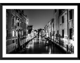Black and White Venice Canal, Night Photo, Italy, Photography, Wall Art, Home Decor, Fine Art, Travel Photo