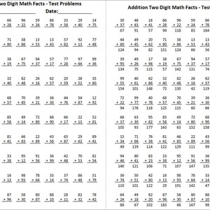 Puede incluir: Una hoja de ejercicios educativa de dos columnas titulada Addition Two Digit Math Facts. El lado izquierdo presenta problemas con líneas para nombre y fecha, mientras que el derecho proporciona la clave de respuestas con sumas resueltas.