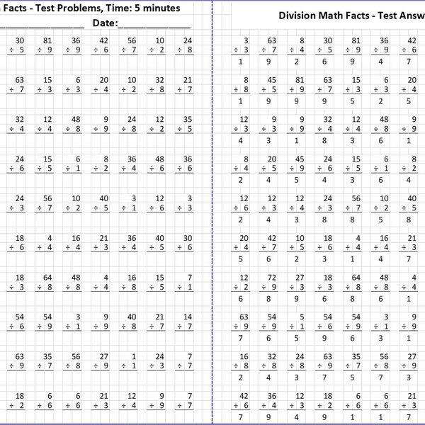 Division Math Facts Timed Test