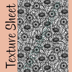 May include: Black and white illustration of a seamless pattern of sunflowers. The sunflowers are drawn in a detailed style with intricate petals and leaves.