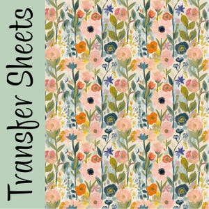 May include: Floral pattern featuring pink, orange, and blue flowers with green leaves on a cream background. The words "Transfer Sheets" are printed vertically on the left side in black.