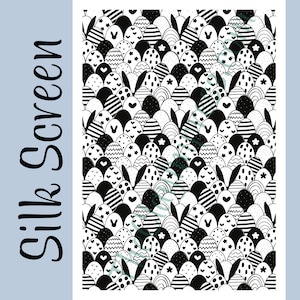 May include: Black and white seamless pattern featuring a variety of Easter eggs with different designs, including stripes, polka dots, hearts, and swirls. The pattern is perfect for use in crafting, scrapbooking, and other creative projects.