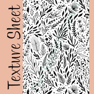 May include: Black and white seamless pattern featuring various floral and botanical elements, including leaves, berries, and sprigs. The pattern is perfect for creating a festive and natural feel for any project.