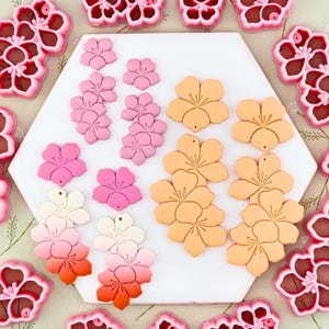 May include: A collection of colorful flower-shaped craft supplies in shades of pink, orange, and white. The flowers are arranged on a white hexagonal surface, with additional flower-shaped cutouts in the background. These are likely for crafting or decorative purposes.