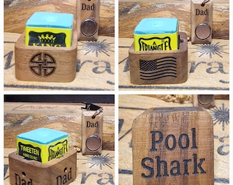 Personalised magnetic pool/snooker square chalk holder with belt clip - Walnut, Oak.