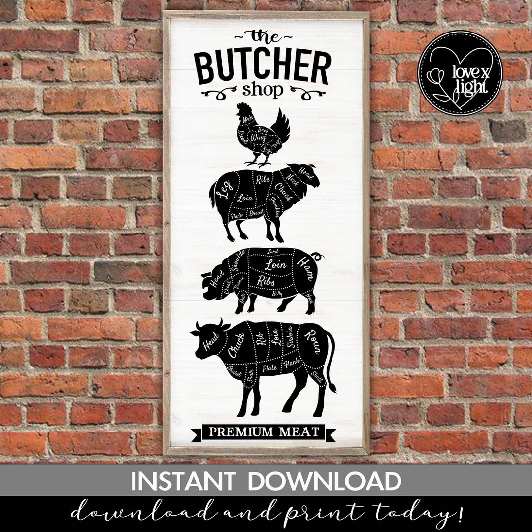 Butcher Shop Meat Kitchen Cow Lamb Chicken Pig Farmhouse Wall Sign, Svg ...