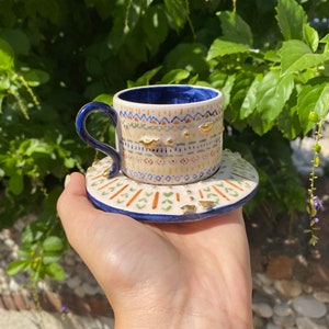 Personalized Special Gift for Espresso Lover Hand made hand painted bird figured coffee cup Etchnic pattern Gold detailed Customizable image 2