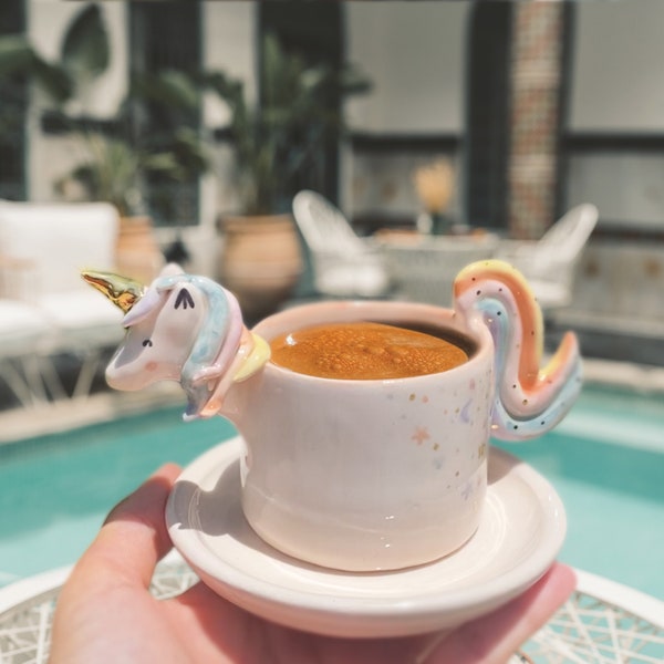 Customizable Handmade Ceramic Cute Unicorn Coffee Cup - Personalized Special Gift for Women - Custom Espresso Cup with Saucer - Cute Animal