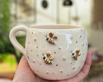 Golden Special Mug - Handmade Ceramic Mug with Real Gold Gilding Bees - Bee Figure - Personalized Gift - gift for wife - mom gift