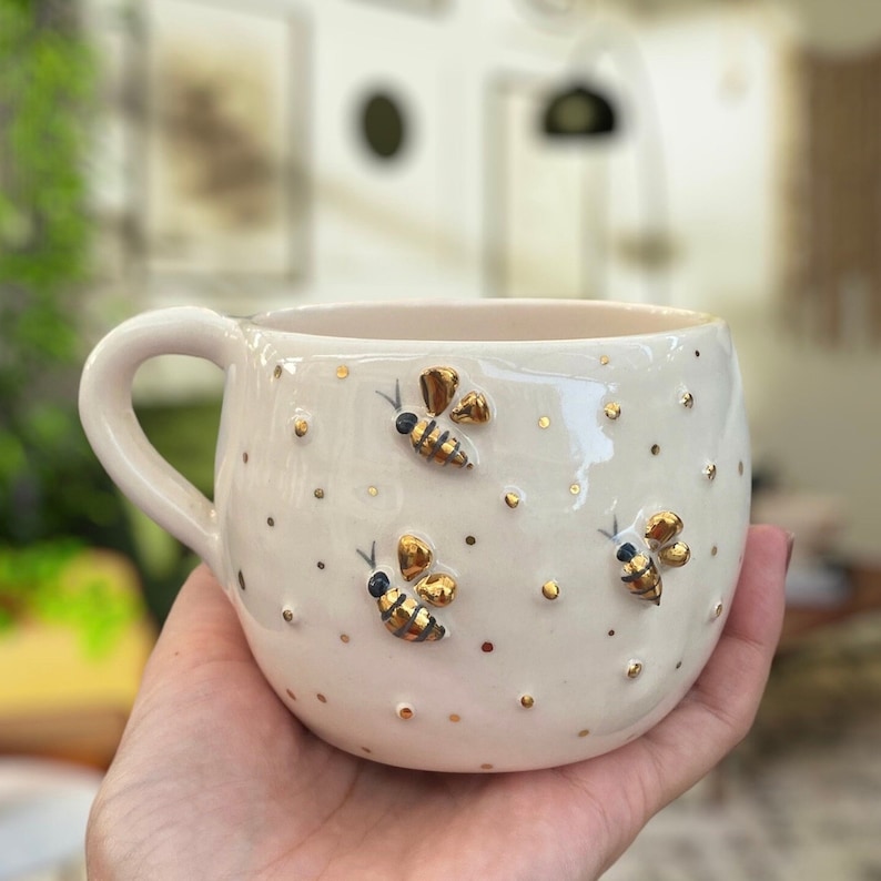 Golden Special Mug Handmade Ceramic Mug with Real Gold Gilding Bees Bee Figure Personalized Gift gift for wife mom gift image 1
