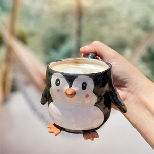 Customizable Handmade Ceramic Penguin Mug - Custom Order - Custom Cute Animal Coffee Cup Gift - Cute Penguin - Ice Field - Americano