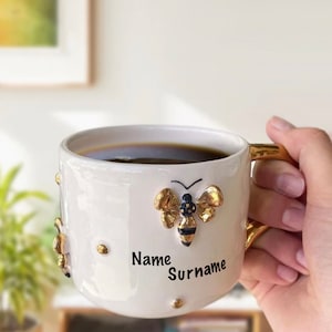 Cute Gold Bee Mug Personalised - Custom Name Mug - bumble bee - nature mug - pottery - golden - gift for friend - gift for her -  white mug