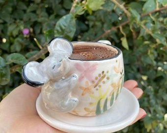 Tazza da caffè espresso personalizzata con piattino - Motivo floreale - Figura di elefante - fiori - naturale - tazza di caffè carina - tazza di caffè con piattino - regalo