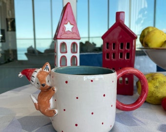 Handmade Ceramic Christmas Mug Gift - Personalized - name surname - customizable - fox figure - christmas - noel gift - coffe cup