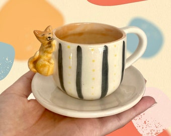 Cute Cat Espresso Cup with Saucer - Custom Name Gift - Gift for girlfriend - Mom gift - Yellow Cat - Coffee Cup Gift - Birthday Cat Gift