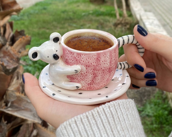 Tasse Koala en céramique personnalisable - Cadeau mignon personnalisé - Espresso - Tasse à café - Fait main - Ours koala - rose - Figurines d'animaux