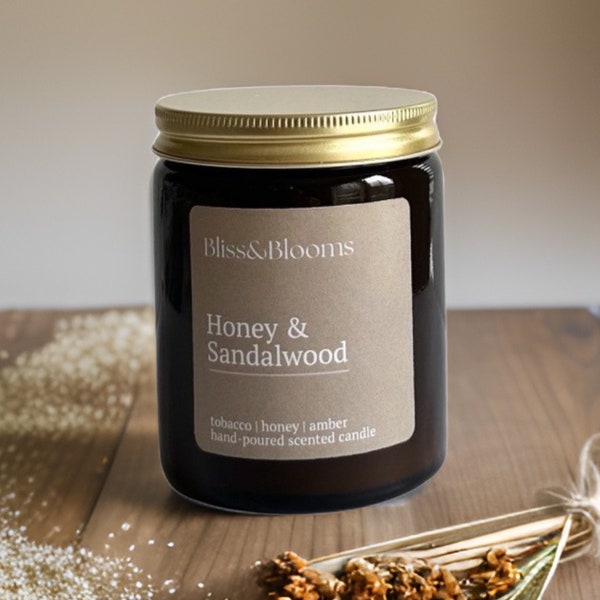 Honey & Sandalwood Scented Candle,Amber Glass Jar,Vegan Wax Candle Gift,Room Perfume Gift for Him or Her,Home Decor Candle Gift,Woody,Citrus