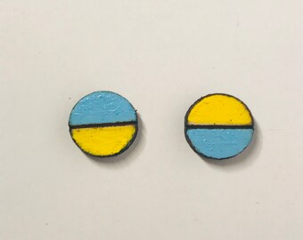 Ukraine Flag Earrings - Handmade round Studs - Supporting Ukraine  Colors Flag Wooden