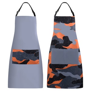 May include: Two aprons, one gray with a camouflage pocket and one with a camouflage print. Both aprons have a large pocket on the front.