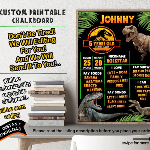 Jurassic Park Birthday Chalkboard - Personalized Milestone Sign- Editable Digital Poster, Printable Birthday Decoration - Downloadable