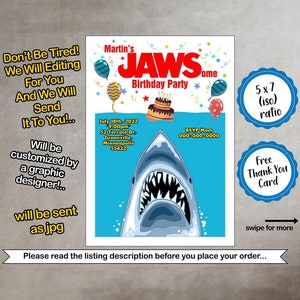 Jaws Birthday Party Personalized Invitation, Free Thank You Card, Editable Digital Poster, Printable Wall Art, Downloadable Prints