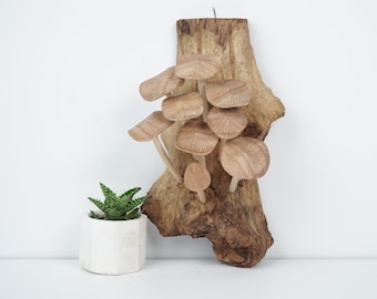 Wooden Mushrooms Wall Decor 9.8" inch - 30 Cm, Hand Carved Statue, Nature, Exotic, Wood Carving, Figurine, Tropical Decor, Creative Decor