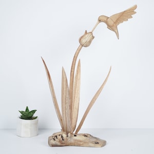 Wooden Hummingbird Feeding on a Flower 9.8&quot; inch - 30 Cm, Handmade Sculpture, Wood Carving Figure, Bird Statue, Birthday, End Year Gift