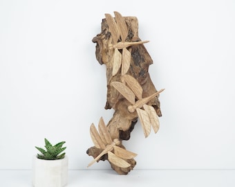 Dragonfly Wall Art 9.8" pulgadas - 30 cm, libélula de madera, natural, animal, escultura, adorno, animal, decoración vintage, decoración de cocina, cumpleaños