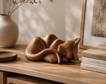 Rzeźba Śpiącego Kota, Leniwy Kot, Kociak, Miłośnik Kotów, Zwierzę, Rzeźba Ręcznie, Rzeźba W Drewnie, Miniatura, Wystrój Domu, Wystrój Pokoju, Prezenty