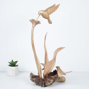 Wooden Flower and Hummingbird  Sculpture 9.8&quot; inch - 30 Cm, Handmade, Figurine, Colibri Statue, Wood Carving, Bird, Animal, Decor, Christmas