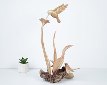 Escultura de flor y colibrí de madera 9.8 "pulgada - 30 cm, hecha a mano, estatuilla, estatua colibrí, talla de madera, pájaro, animal, decoración, Navidad