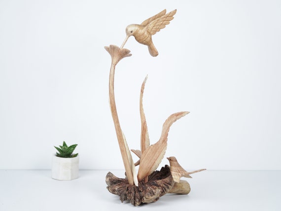 花の梨の木製の鳥と木の彫刻 置物 約30cm 鳥グッズ・木製