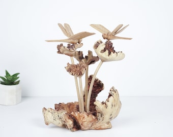 Escultura de libélula de madera 7.8 "pulgada - 20 cm, Figura de pareja, Escultura, Talla de madera, Regalo de estatua de insecto para ella, Regalos de Navidad